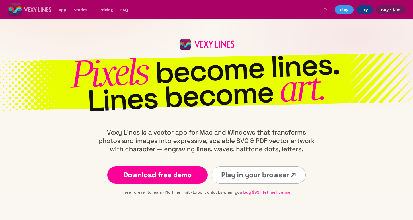 The new Vexy Lines home page, showing a photograph redrawn as scalable vector line art