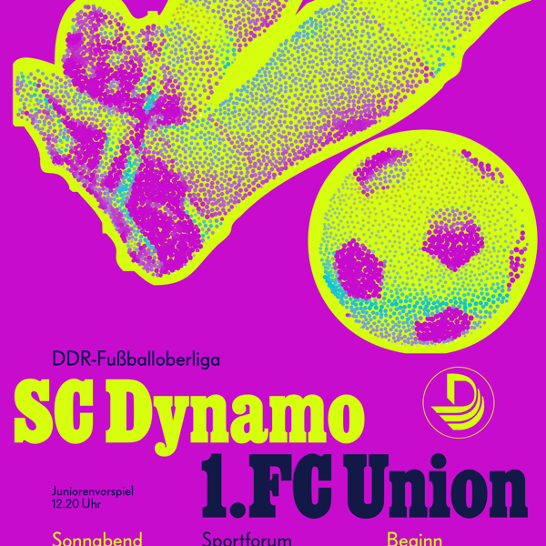 The brutalist remix of Kapr’s 1977 football poster: fluorescent stochastic halftone