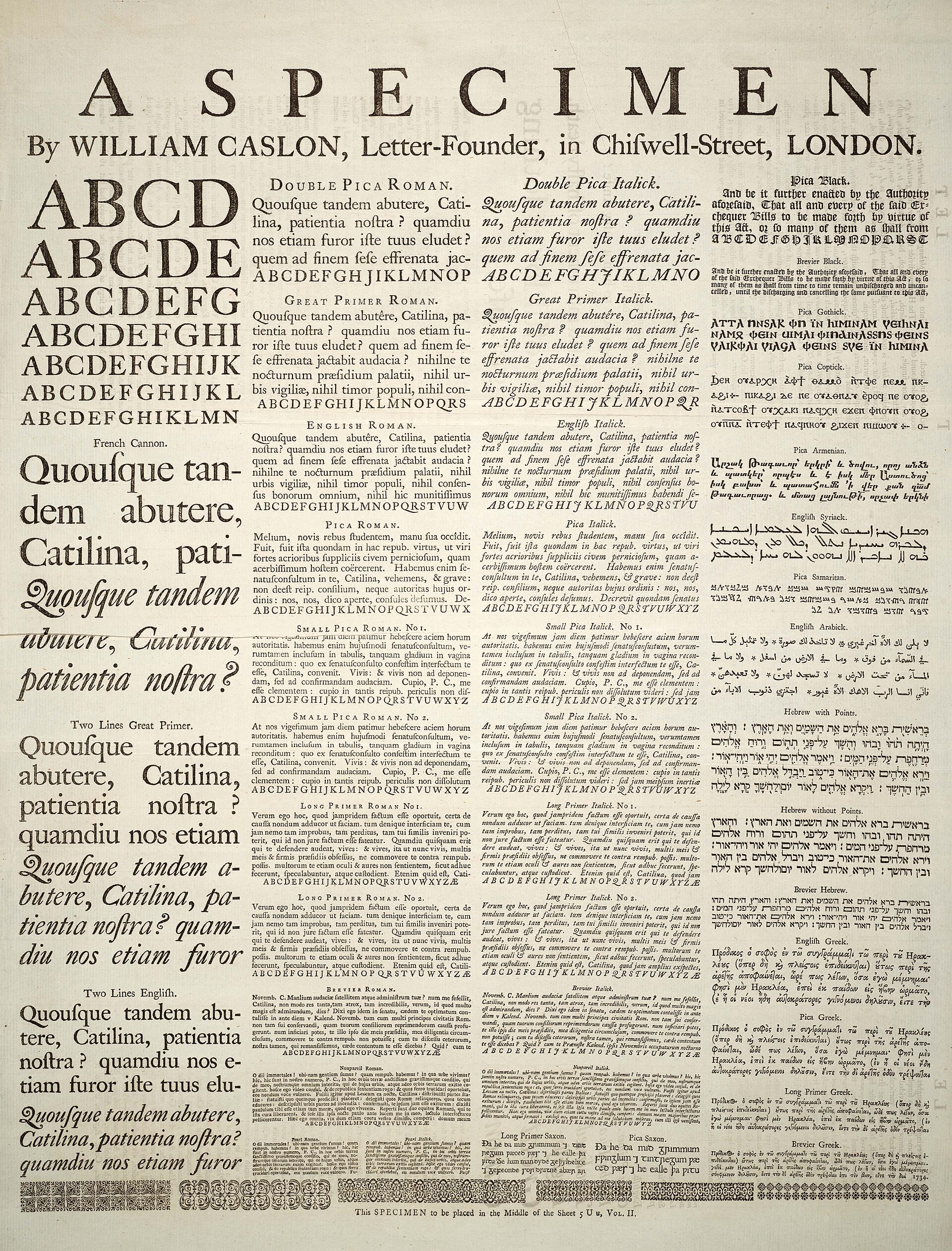Caslon 1720 specimen showing every size cut as a separate punch